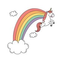 Colorful Rainbow with Fluffy Clouds and a White Unicorn vector