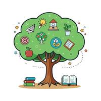Educational Tree with Books, Science Icons, and Learning Elements illustration vector