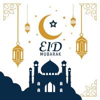 eid mubarak greeting card with mosque and lanterns vector