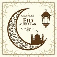 eid mubarak greeting card with mosque and lantern vector