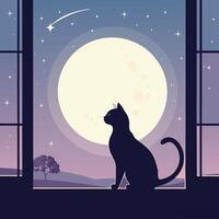 a cat sitting on the window sill looking out at the moon vector