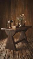 A table with a vase of flowers on it photo