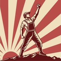 a man with a raised fist on top of a mountain vector