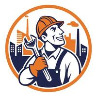 illustration of a plumber holding a spanner and smiling in front of factory buildings on background vector