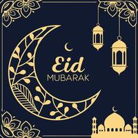 eid mubarak greeting card with crescent and lanterns vector