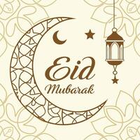 eid mubarak greeting card with crescent and lantern vector