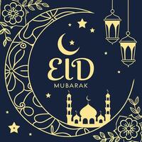 eid mubarak greeting card with moon and lanterns vector