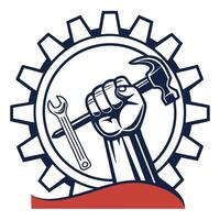 a hand holding a wrench and gear wheel in front of a red background vector