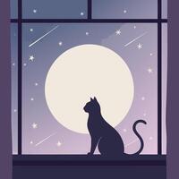 a cat sitting on the window sill looking out at the moon. vector
