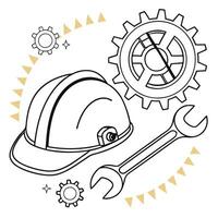 a hat, wrench and gears are shown in a line drawing vector