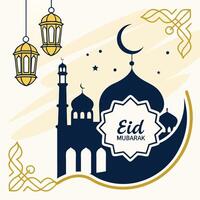 eid mubarak with mosque and lanterns vector