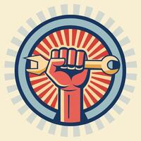 a fist holding a wrench in the center of a circle vector