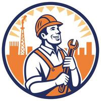illustration of a plumber holding a spanner and looking at the camera in front of a vector