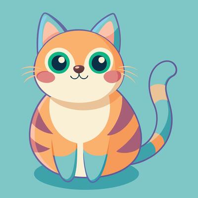 a cartoon cat with big eyes and a striped tail