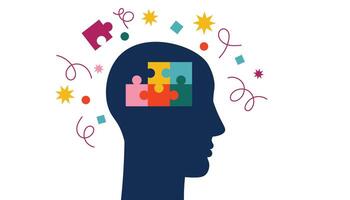 Colorful jigsaw puzzle in the human head. Creative search for solution. Idea generation concept, imagination, bright insight. vector