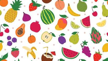 Fruits seamless pattern with different summer fruits and berries. Watermelon and pineapple, lemon and strawberry and more. vector