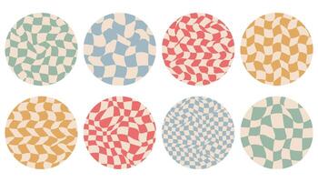 Groovy checkered pattern in round shape. Round avatars. Vintage wavy curved backdrop, distortion effect. Grid texture, retro background in 90s style, y2k. vector