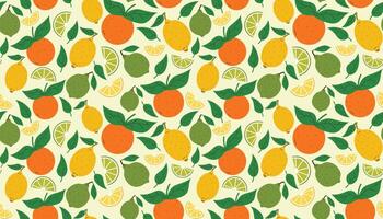 Fruit seamless pattern with citruses and leaves. Summer background with oranges, lemons and limes. Modern trendy design for paper, cover, fabric. vector