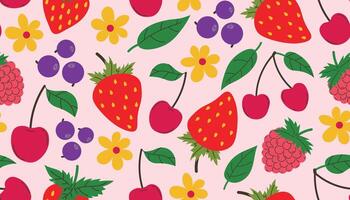 Fruits seamless pattern with different summer fruits, strawberry, raspberry, blueberry, cherries, small flowers and plants vector