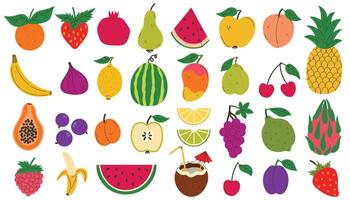 Set of colorful fruits and berries. Modern abstract minimal style. Natural tropical fruits collection. Cherry and apple, peach and lemon, banana and pomegranate, pineapple and fig. vector