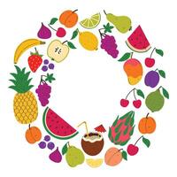 Bright summer round border with fruits and berries isolated on white background. Summer juicy frame. Modern trendy design for card, cover, poster. vector