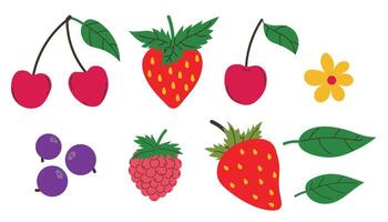 Berries set in modern minimal style. Cherry and raspberry, blueberry and strawberry. Fresh summer juicy berry collection. vector
