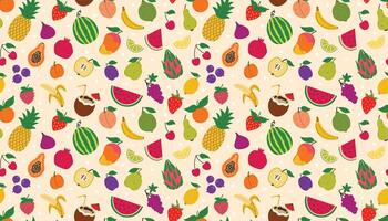 Cute seamless pattern with different summer fruits and berries. Watermelon and pineapple, lemon and strawberry and more. vector