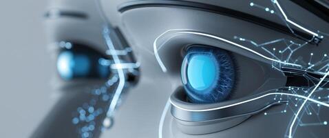 The eyes of a robot are shown with a blue light photo