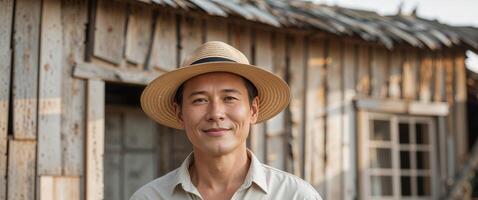A man wearing a hat stands in front of a wooden house photo