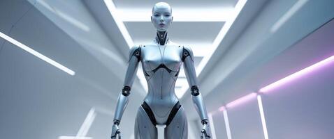 A robot standing in a hallway with neon lights photo