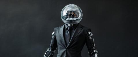 A robot in a suit with a disco ball on his head photo