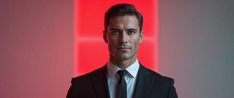 A man in a suit and tie standing in front of a red light photo