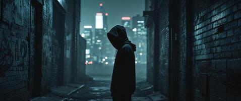 A Mysterious Figure in a Dark Alleyway A Suspenseful Nighttime Scene in a Grim Urban Setting photo