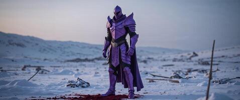 An enigmatic warrior in shimmering purple armor stands amidst a snowy battleground at dusk. photo
