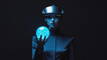 Individual with visor holding a bright orb in darkness photo