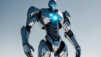 Futuristic Robot in Combat Armor with Glowing Energy Core. photo
