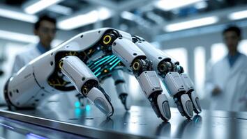 Innovative robotic hand showcasing advanced technology in a futuristic laboratory environment photo