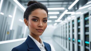 Female Entrepreneur in Stylish Suit in Futuristic Data Center. photo