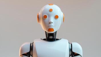A robot with a white helmet and orange buttons on its head. photo
