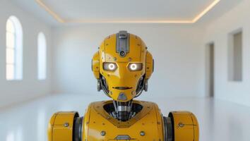 A robot with a yellow helmet stands in a white room photo