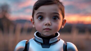 Child in futuristic robotic suit gazes thoughtfully during sunset in a serene outdoor setting photo