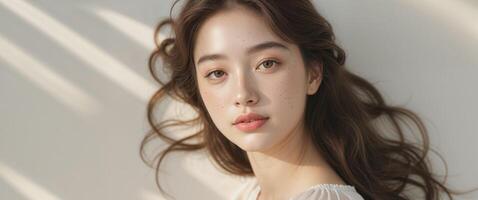 Natural beauty with freckles in soft lighting capturing serene expression and delicate features photo