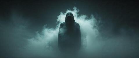 Mysterious Figure Enshrouded in Mist with Eerie Glow in a Dark Moody Atmospheric Setting photo