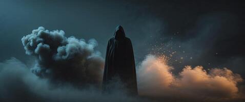 Mysterious figure in a dark setting with smoke and dramatic light effects during a late evening event. photo
