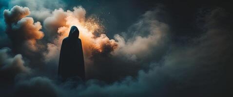Mysterious figure in a dark setting with smoke and dramatic light effects during a late evening event photo