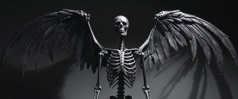 Metallic skeleton sculpture with wings in dark setting. photo
