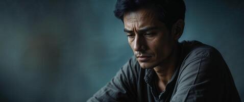 Man with downcast eyes and a pensive expression in moody lighting symbolizing introspection emotional depth and the weight of inner thoughts photo