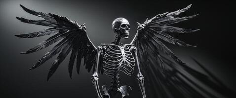 Metallic skeleton sculpture with wings in dark setting photo