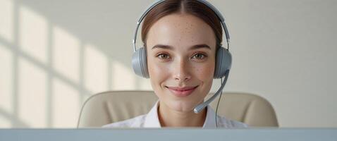 A woman wearing a headset in front of a computer photo