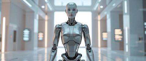 A robot standing in a hallway with a lot of lights photo